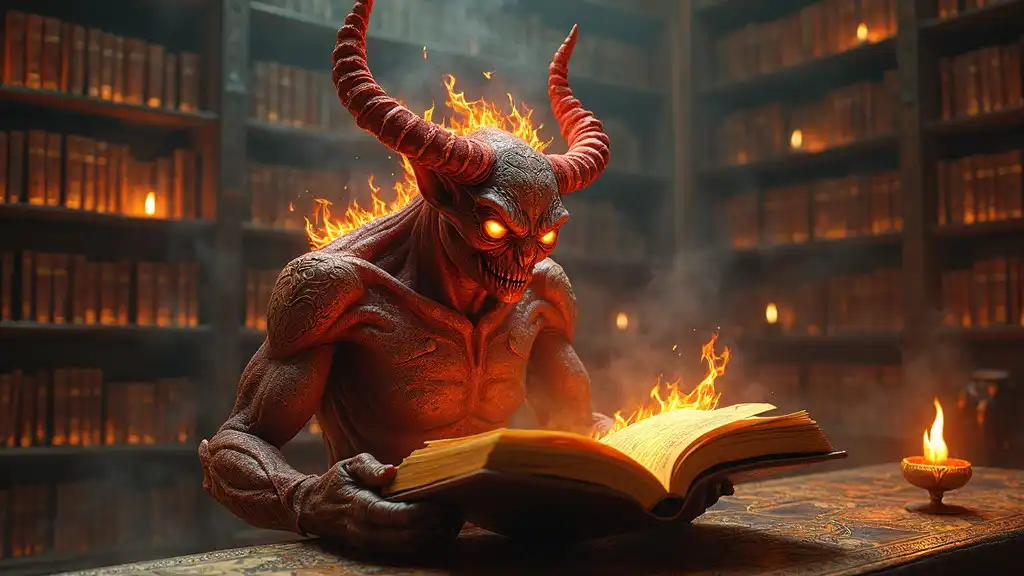 a jinn in a library reading a book