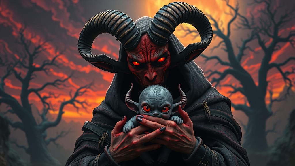 devil holding his child